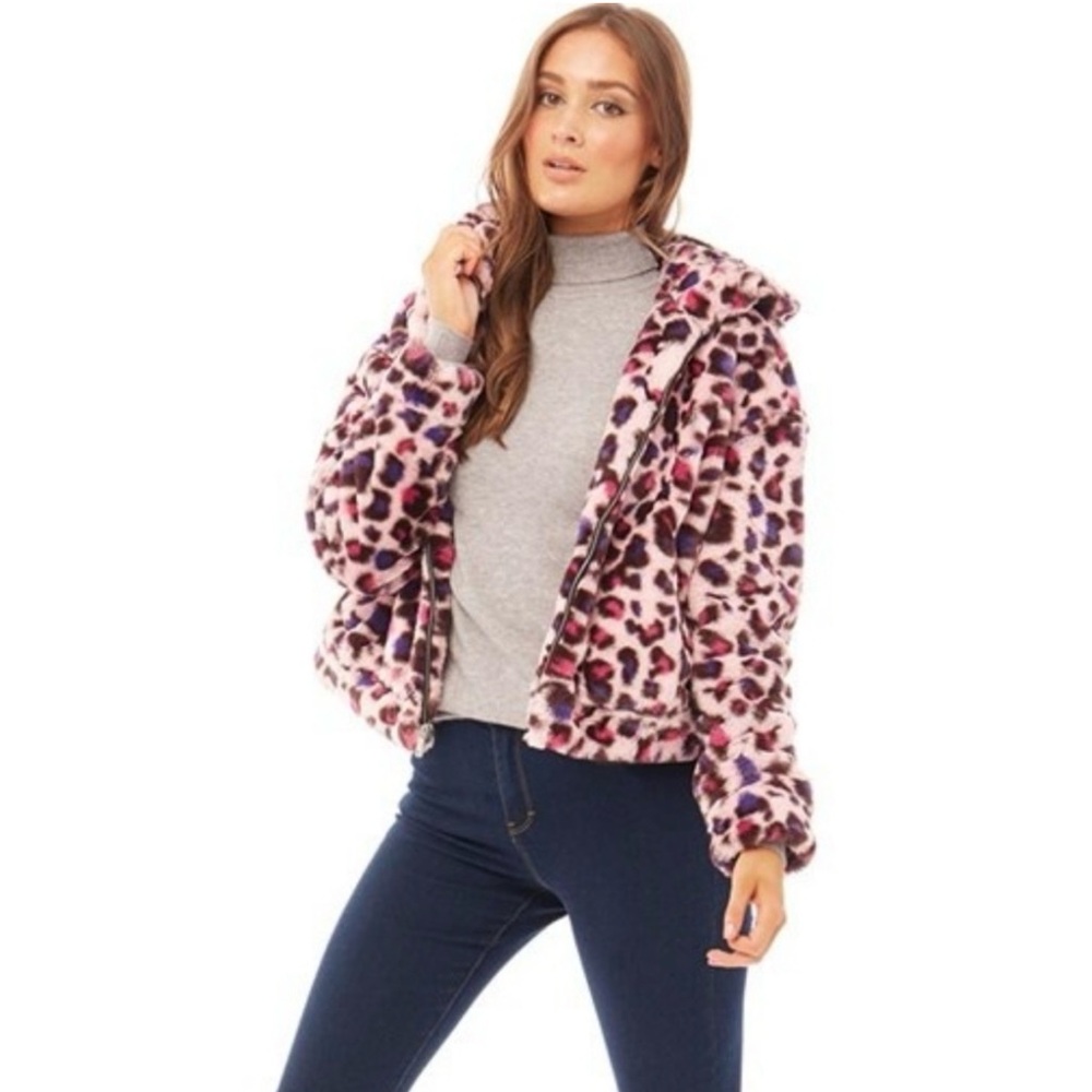 VGUC- UGG ‘Mandy’ Pink Leopard Faux Fur Hooded Teddy Jacket